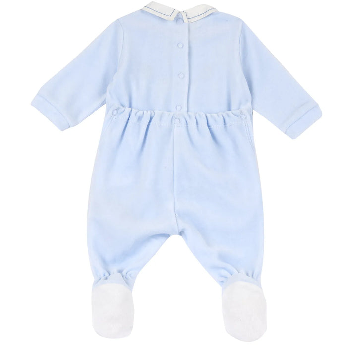 Boys Light Blue Embroidered Nappy Opening Babysuit