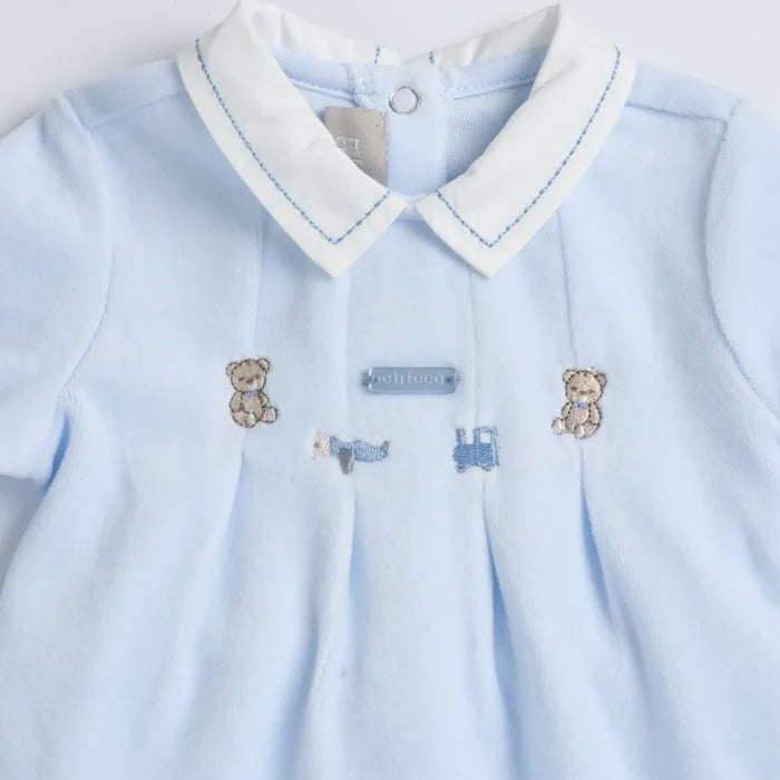 Boys Light Blue Embroidered Nappy Opening Babysuit