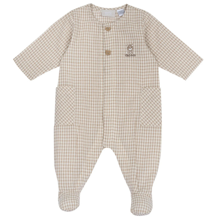 Boys Light Natural Checked Front Opening Babysuit
