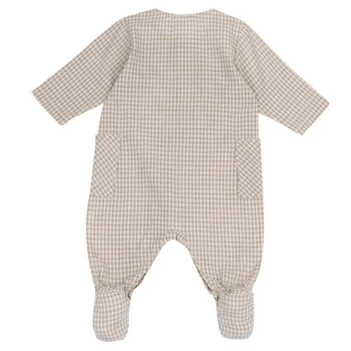 Boys Light Natural Checked Front Opening Babysuit
