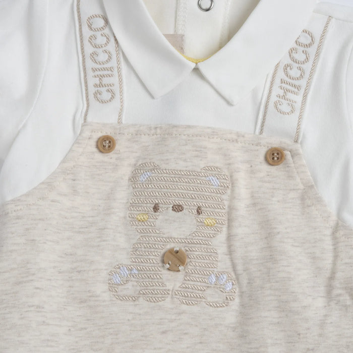 Boys Light Natural Embroidered Back Opening Babysuit