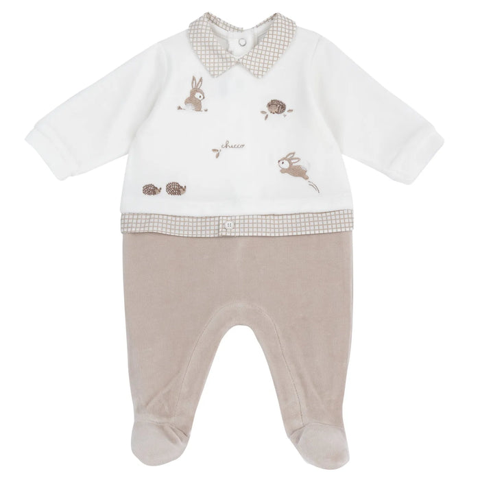 Boys Light Natural Embroidered Leg Opening Babysuit