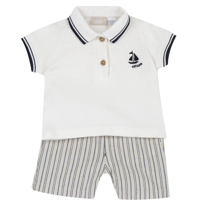 Boys Light Natural Embroidered Polo with Shorts