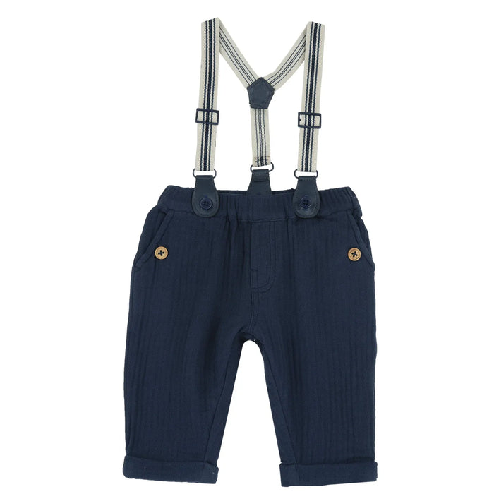 Boys Navy Blue Solid Trouser with Suspenders