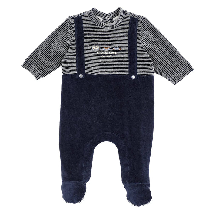 Boys Navy Blue Striped Velour Leg Opening Babysuit