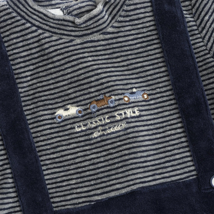 Boys Navy Blue Striped Velour Leg Opening Babysuit