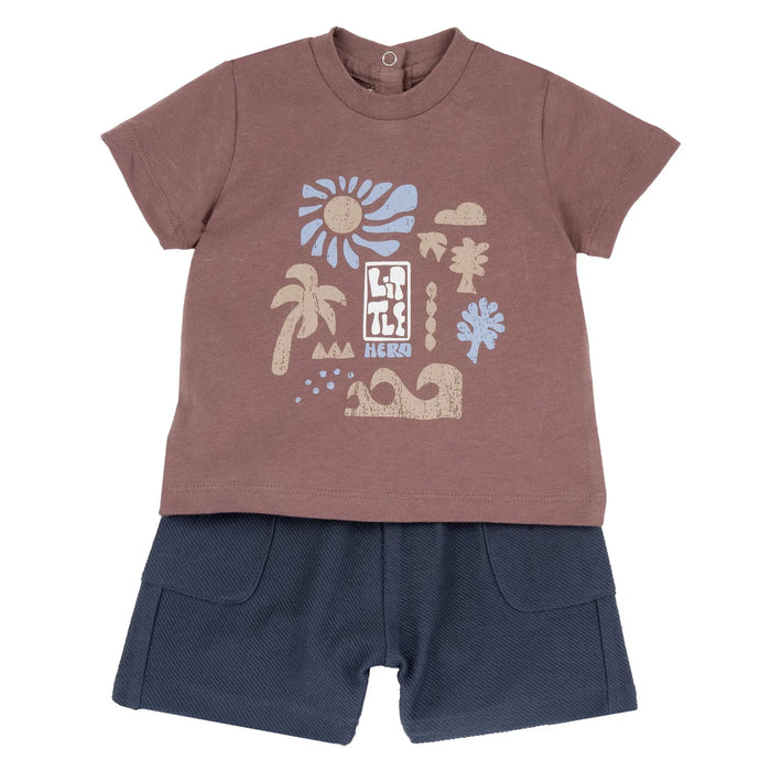Boys Rust and Blue Graphic Printed T-Shirt with Shorts
