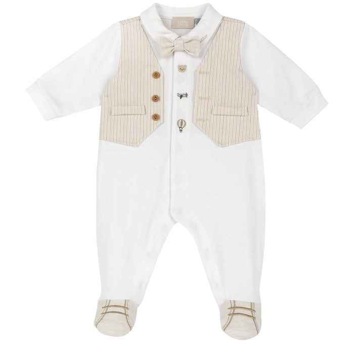 Boys White and Beige Applique Front Opening Babysuit