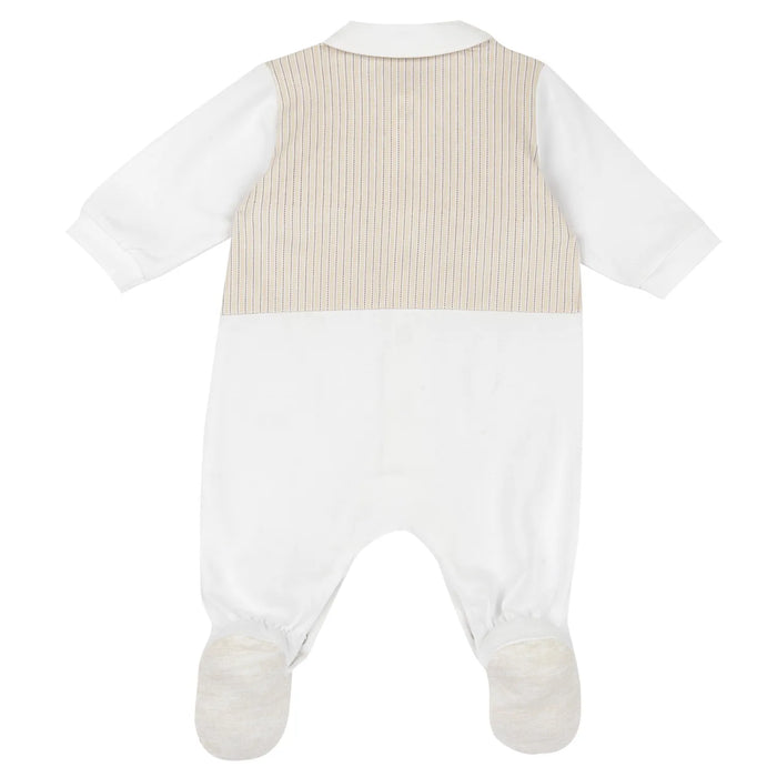 Boys White and Beige Applique Front Opening Babysuit