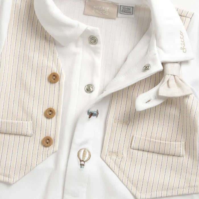 Boys White and Beige Applique Front Opening Babysuit