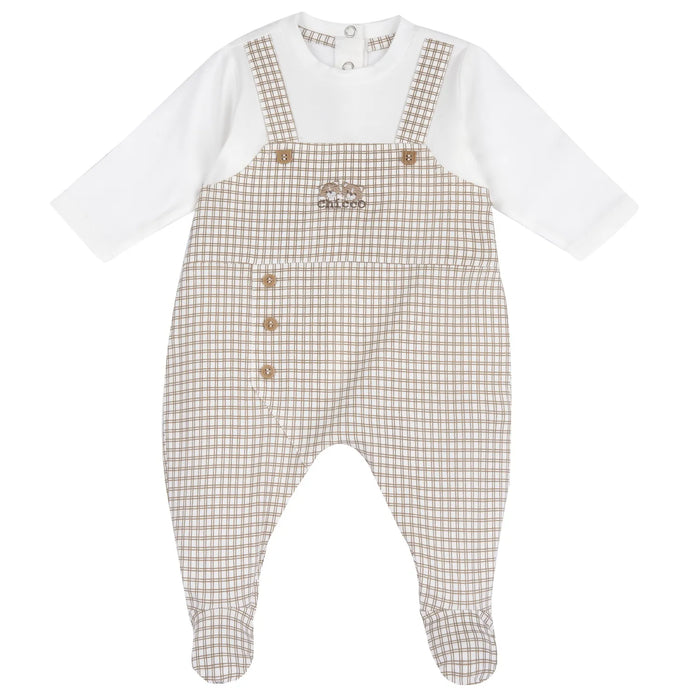 Boys White and Beige Checked Back Opening Babysuit