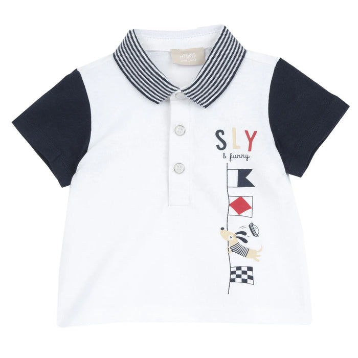 Boys White and Blue Printed Polo T-shirt