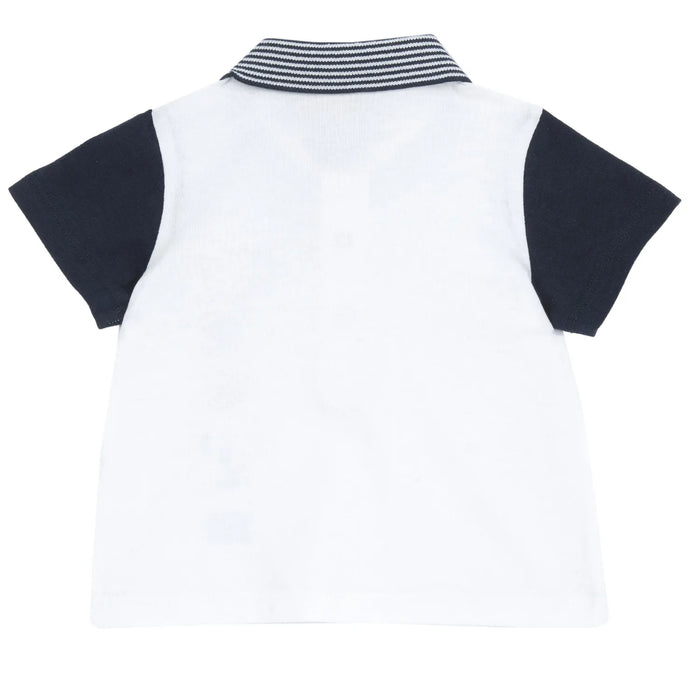 Boys White and Blue Printed Polo T-shirt