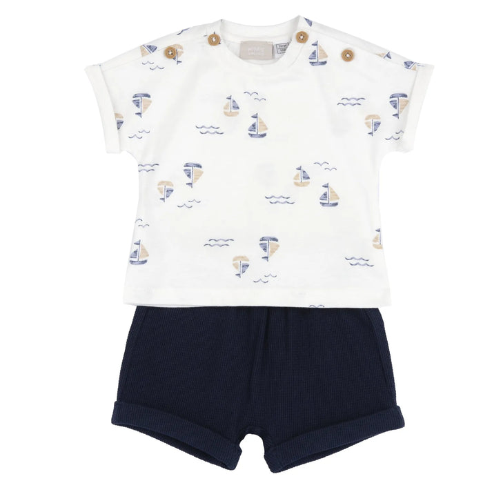 Boys White and Blue Printed T-Shirt with Shorts