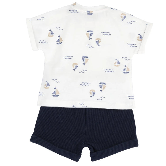 Boys White and Blue Printed T-Shirt with Shorts