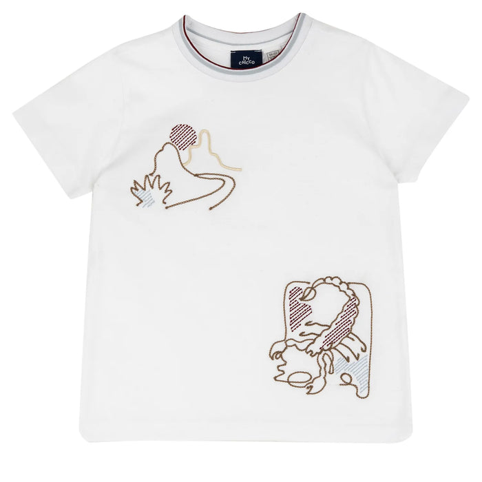Boys White and Brown Embroidered T-shirt