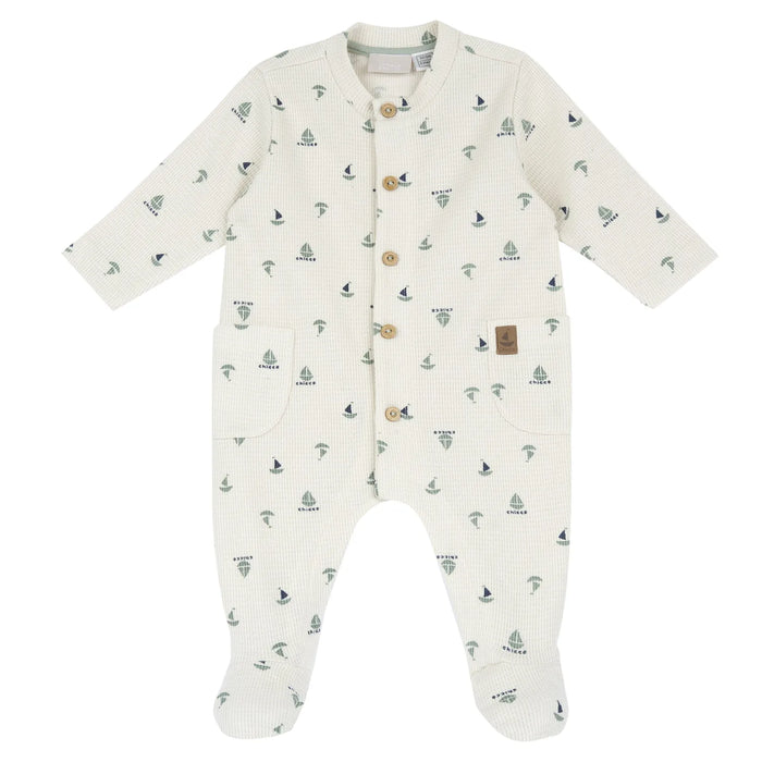 Boys White and Green Printed Front Opening Babysuit