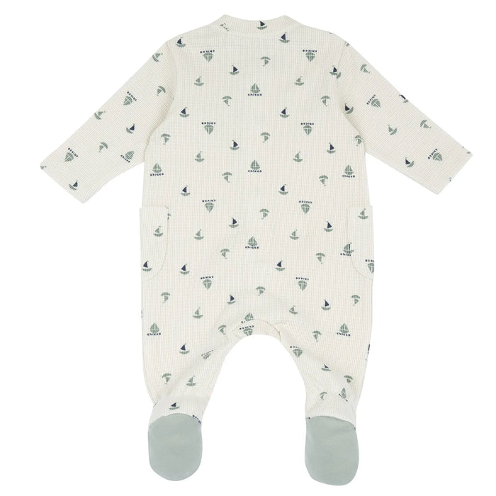 Boys White and Green Printed Front Opening Babysuit