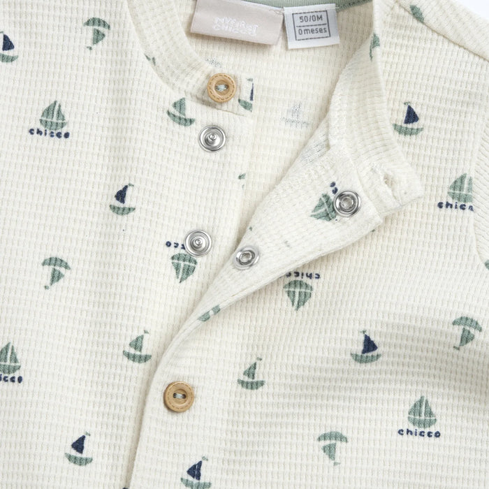 Boys White and Green Printed Front Opening Babysuit