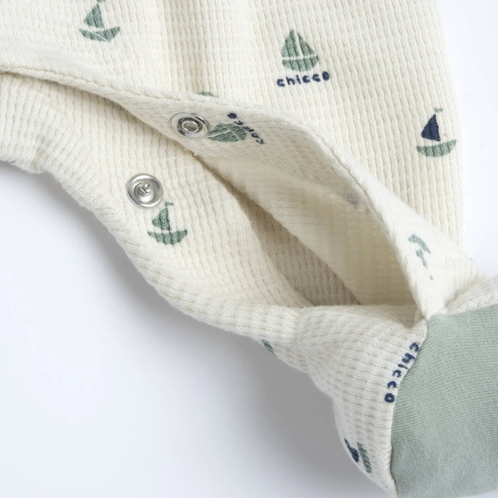 Boys White and Green Printed Front Opening Babysuit