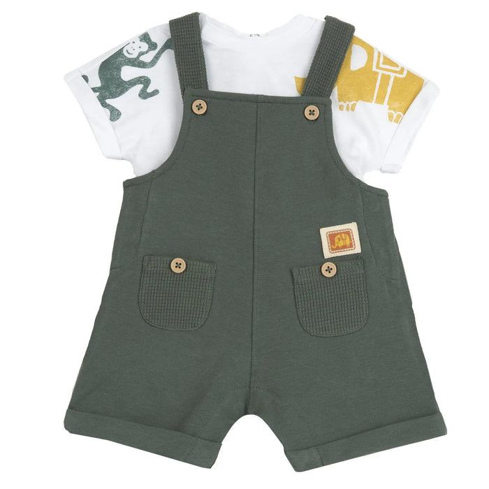 Boys White and Green Printed T-Shirt with Dungaree