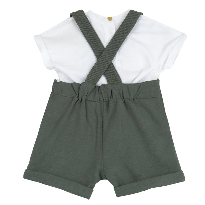 Boys White and Green Printed T-Shirt with Dungaree