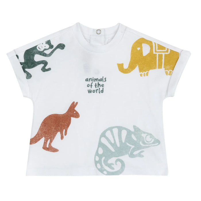 Boys White and Green Printed T-Shirt with Dungaree