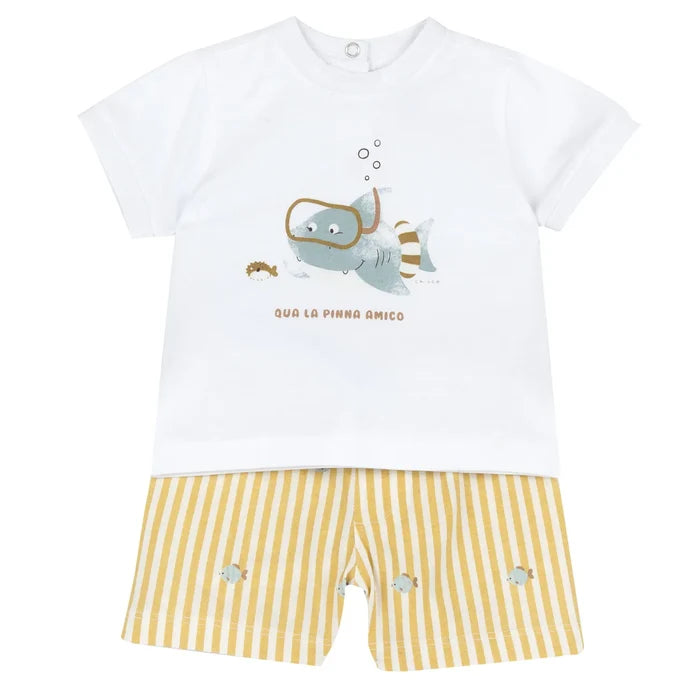Boys White and Light Yellow Printed T-Shirt with Shorts