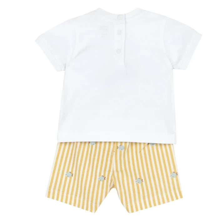 Boys White and Light Yellow Printed T-Shirt with Shorts