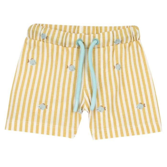 Boys White and Light Yellow Printed T-Shirt with Shorts