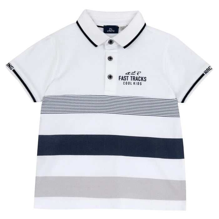 Boys White and Navy Blue Colorblocked Polo T-shirt