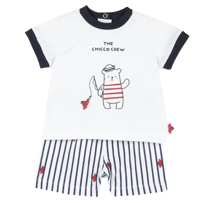 Boys White and Navy Blue Printed T-Shirt with Shorts