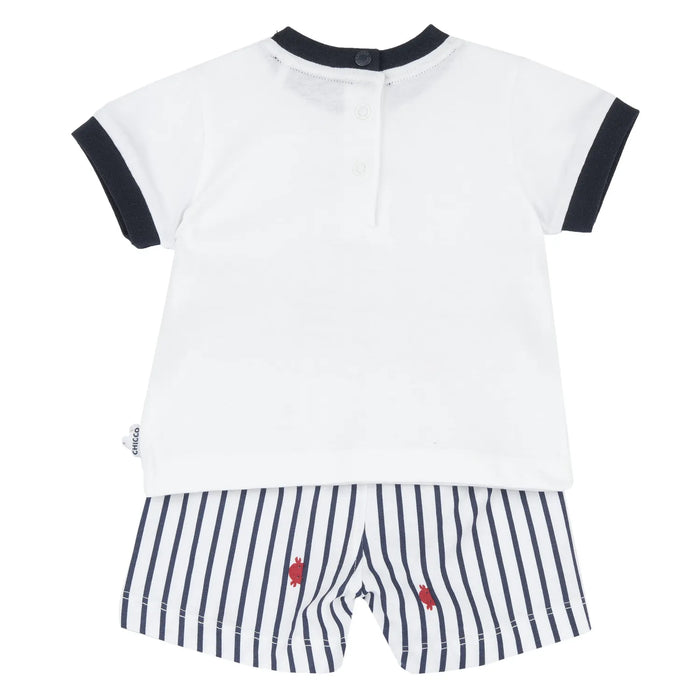 Boys White and Navy Blue Printed T-Shirt with Shorts