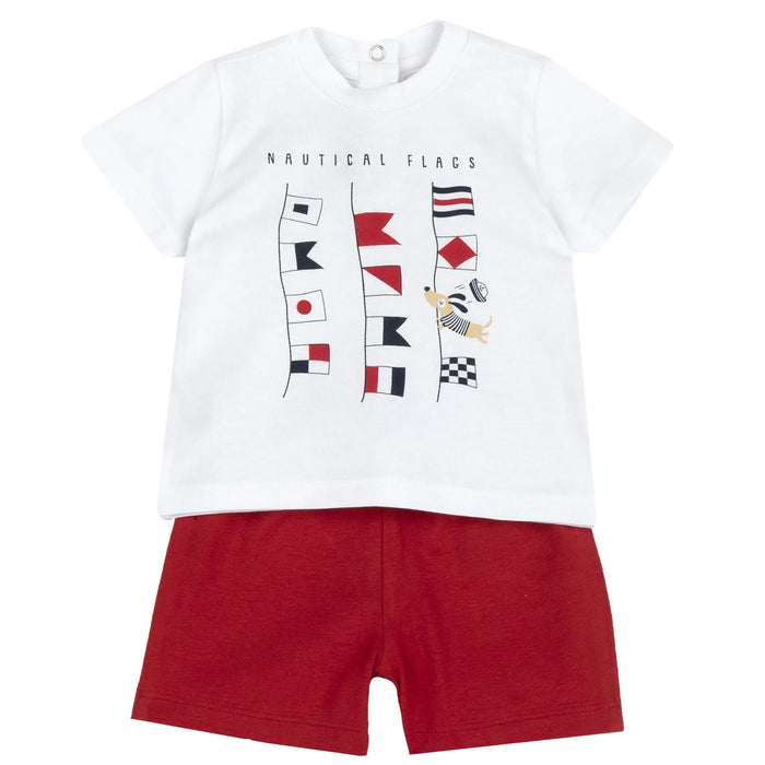 Boys White and Red Printed T-Shirt with Shorts