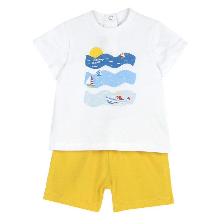 Boys White and Yellow Printed T-Shirt with Shorts