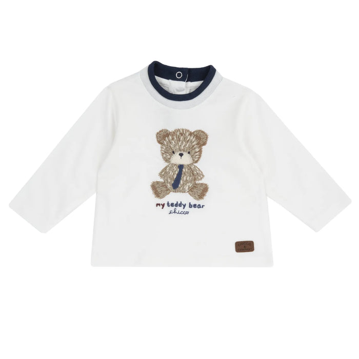 Boys White & Brown Embroidered Long Sleeve T-shirt
