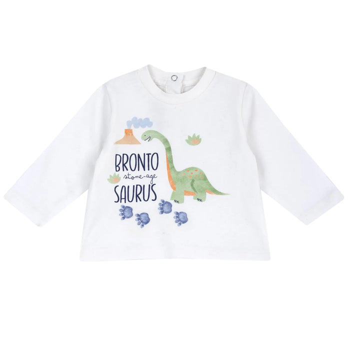 Boys White Dino Typography Printed T-shirt