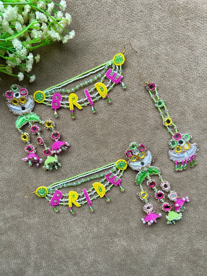 BRIDE Beaded Passa Earring & Tikka Set | Neon Green, Pink & Yellow | Mehandi Jewellery