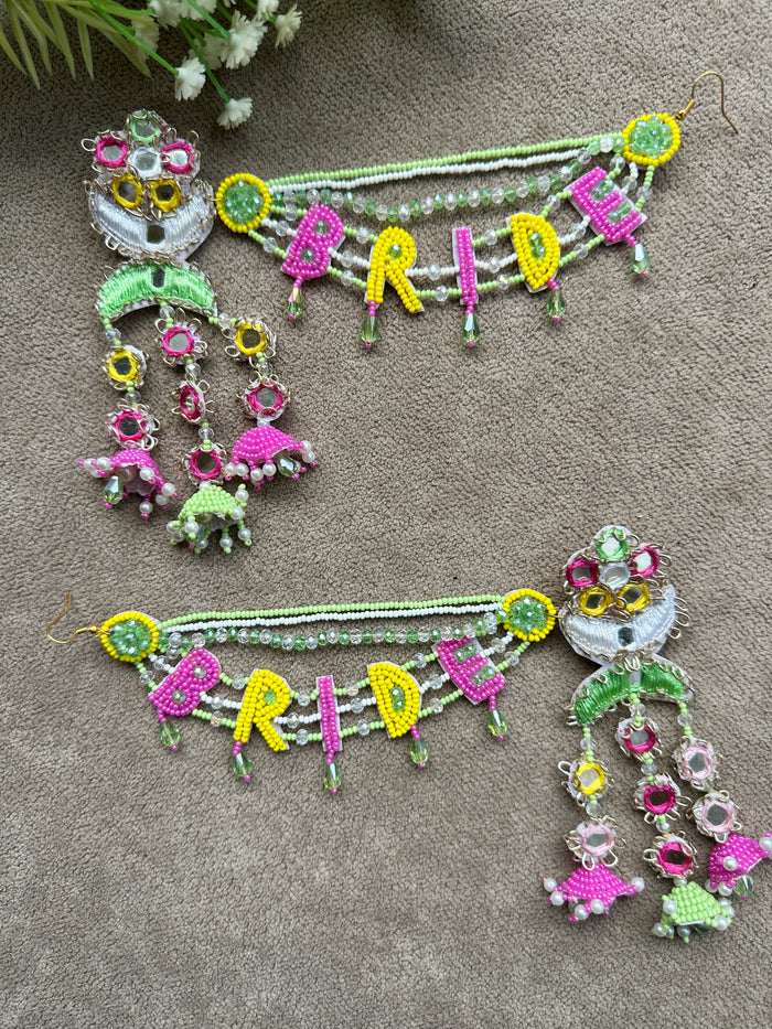 BRIDE Beaded Passa Earring & Tikka Set | Neon Green, Pink & Yellow | Mehandi Jewellery