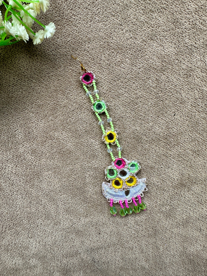 BRIDE Beaded Passa Earring & Tikka Set | Neon Green, Pink & Yellow | Mehandi Jewellery