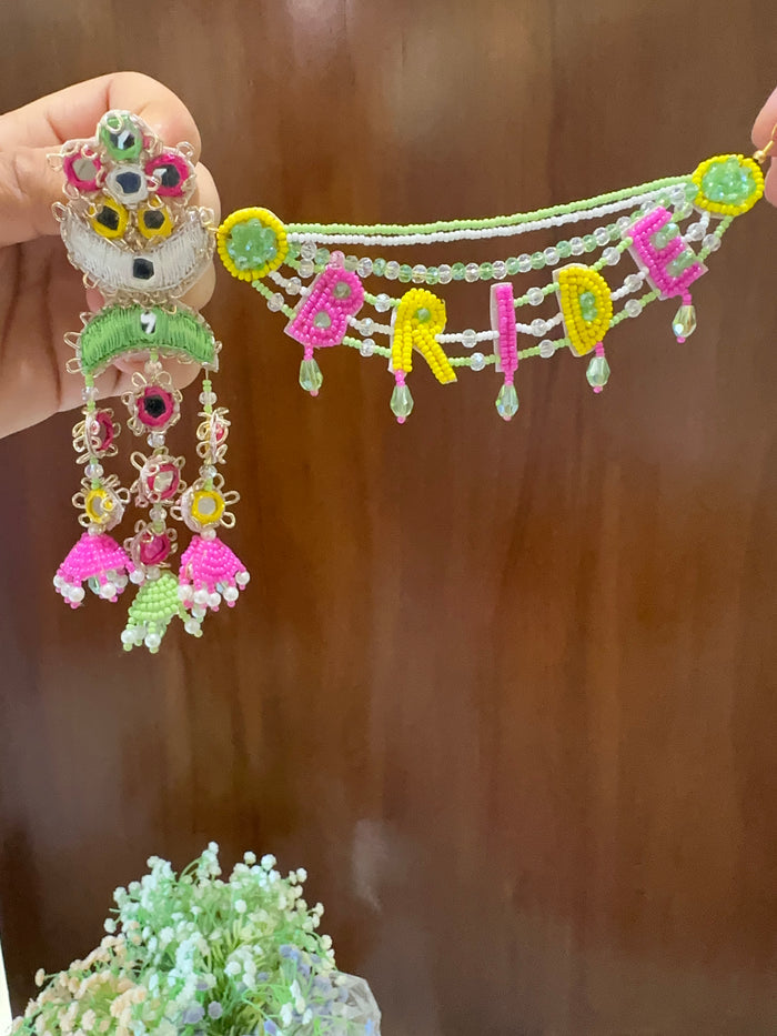 BRIDE Beaded Passa Earring & Tikka Set | Neon Green, Pink & Yellow | Mehandi Jewellery
