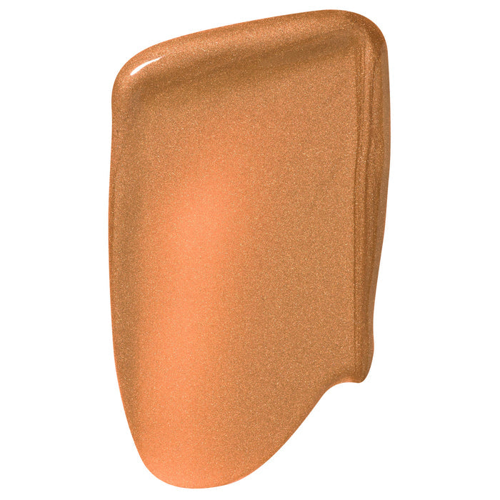 Bronze Glow shade swatch gliding in a smooth, glossy streak, revealing a warm copper-bronze shimmer from ColourPop SOL Liquid Sun Glow Drops, with fine luminous sparkle on a white background.