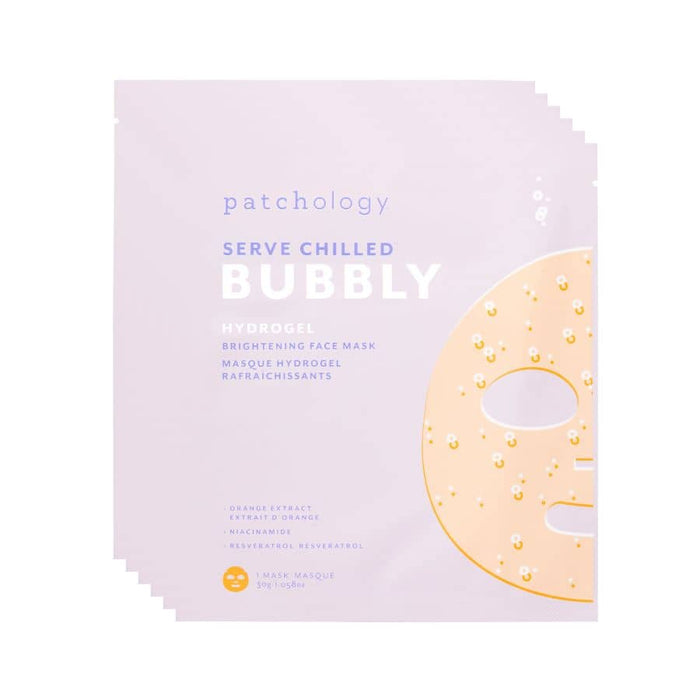 Patchology Serve Chilled Bubbly hydrogel face mask packs in lavender with sparkling bubble design for brightening skincare