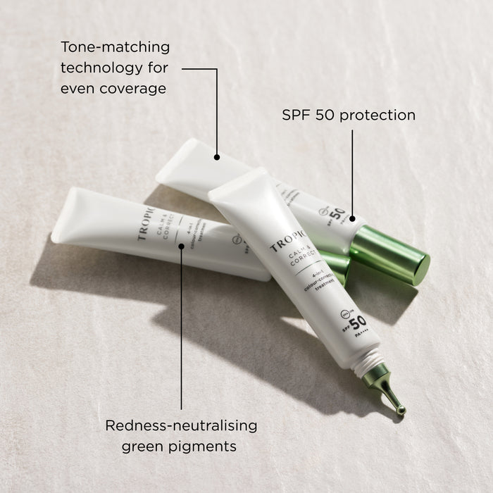 Tropic Calm & Correct SPF 50 tubes highlighting tone-matching coverage SPF 50 protection and redness-neutralising green pigments.