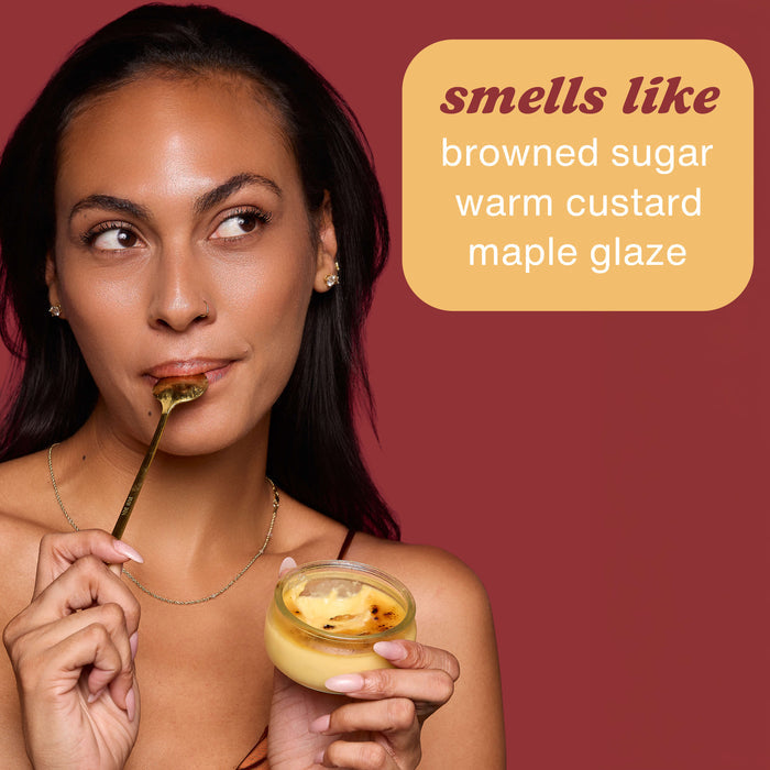 Model eating Creme Brulee and Hempz Caramel Créme Brûlée Moisturizing Body Lotion scent notes