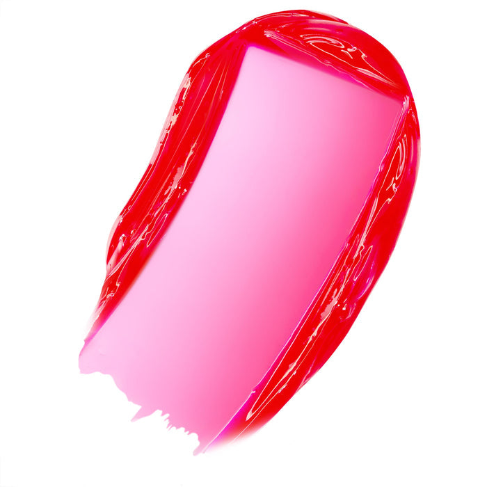 Swatch of ColourPop Fresh Kiss Glossy Balm in Cherry Glaze glides in a single swipe, showing a sheer cherry-red, pink-tinted stain with high-shine, jelly texture on a clean white background.