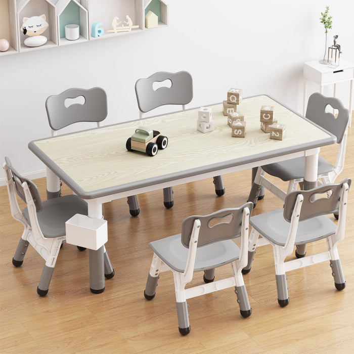 Children's table and 6 chairs set with storage box, height-adjustable toddler table