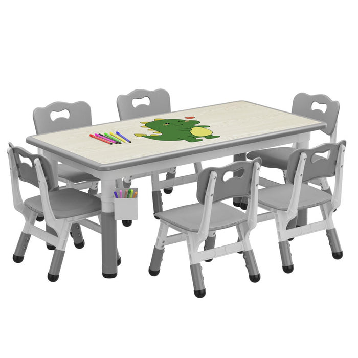 Children's table and 6 chairs set with storage box, height-adjustable toddler table