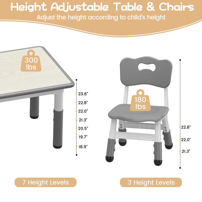 Children's table and 6 chairs set with storage box, height-adjustable toddler table