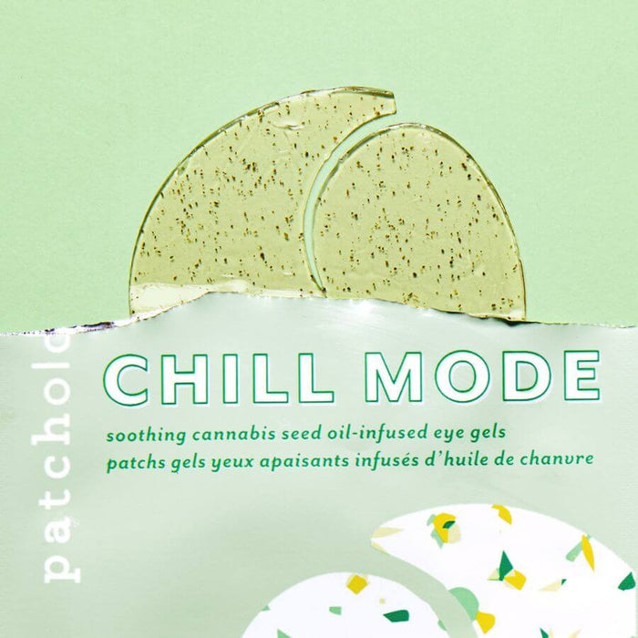 Close-up of Patchology Chill Mode Eye Gels featuring translucent green, speckled hydrogel patches infused with cannabis seed oil, designed to soothe and de-stress the delicate under-eye area.